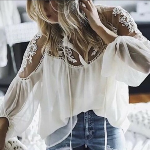 Tops - #701 Lace &Chiffon Sheer Blouse